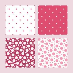 Abstract polka dot seamless patterns set vector illustration in bright vibrant magenta shades color, repeat ornament for textile, fabric, cute home decor