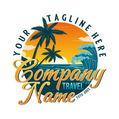 Naklejka premium beach logo design. sunset and palm trees element.