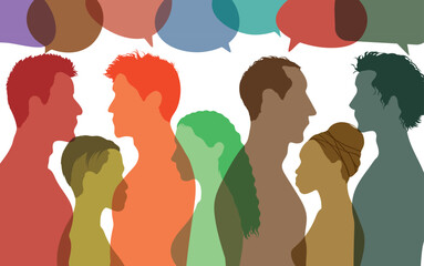 Group of diversity people communicating and sharing ideas. Multiethnic crowd. Speech bubble