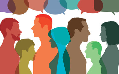 Multicultural communication. Group of diverse multiethnic people. Speech bubble