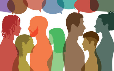 Dialogue group diverse people different cultures.  Social networking communication. Speech bubble