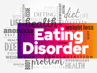 Eating Disorder is a mental disorder defined by abnormal eating behaviors that negatively affect a person's physical or mental health, word cloud concept background