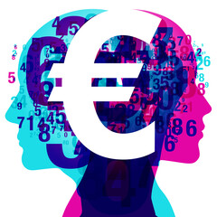 A male & female side silhouette positioned back-to-back, overlaid with various sized semi-transparent numbers. Overlaid is a white “Euro” currency symbol.