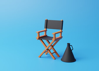 Director chair and megaphone on blue background. Movie industry concept. Cinema production design concept. 3d rendering illustration - obrazy, fototapety, plakaty