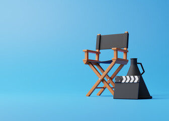 Director chair, clapperboard and megaphone on blue background. Movie industry concept. Cinema production design concept. 3d rendering illustration