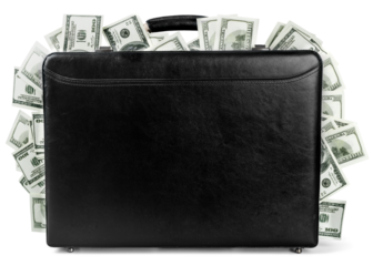 Beautiful new black business briefcase with money
