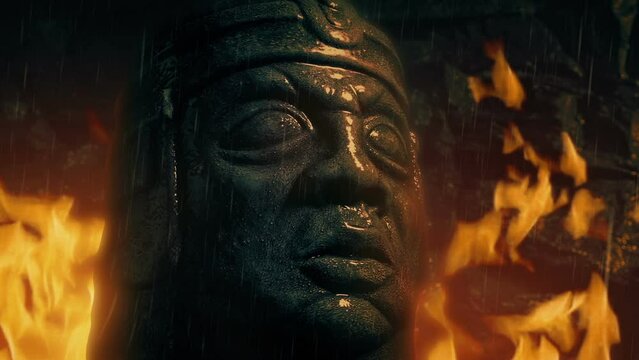 Stone Head With Fire And Rain Generic Ancient Scene