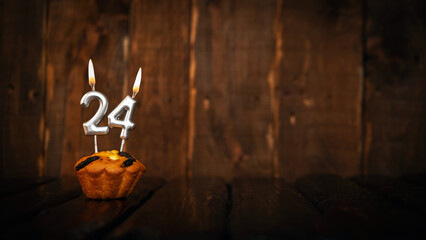 Festive background happy birthday copy space. Anniversary background with cypher and muffin....