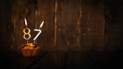 Festive background happy birthday copy space. Anniversary background with cypher and muffin....