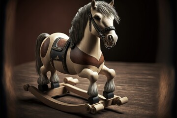  a toy horse is sitting on a wooden table top with a dark background and a dark background behind it is a rocking horse with a saddle on it's legs and a wooden seat.