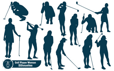 Vector collection of golf player female silhouettes in different poses
