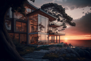 Huge house on the beach with ocean view from floor to ceiling windows. Generative AI