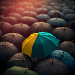 Colored umbrellas, in the middle of a batch of umbrellas.