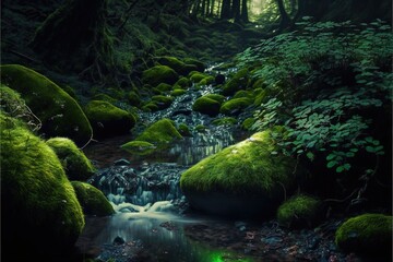  a stream running through a lush green forest filled with lots of mossy rocks and trees with a green light shining on the water below it and a green glow in the middle of the.