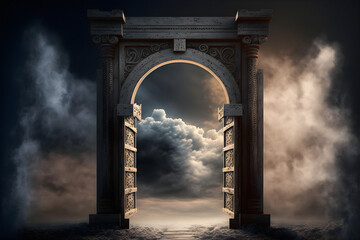 Wooden gate in dim clouds in an empty room. Portal to another world, magical realism, parallel world, ancient runes, relics. 