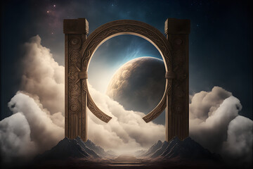 Wooden gate in dim clouds in an empty room. Portal to another world, magical realism, parallel world, ancient runes, relics. 