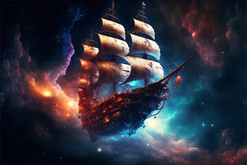 A sailing pirate ship that is discovering the mysteries of outer space and the universe background