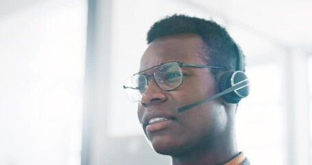 Call center, customer support and serious man consulting in crm, contact us and help in office. Customer service, professional and black man consultant focus on good service, advice and telemarketing