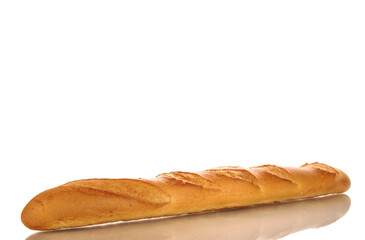 One fresh fragrant baguette, macro, isolated on white background.
