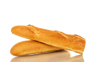 Two halves of fresh fragrant baguette, macro, isolated on white background.