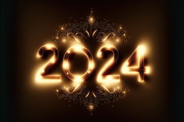 New Year 2024 celebration font. Yellow glowing style. Generative AI
