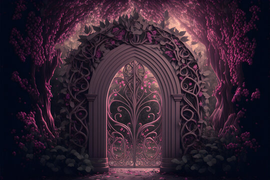 Elegant portal in floral arch on pink fairy tale forest glade. Glamorous gate for maleficent. Magical way to travel 3d illustration