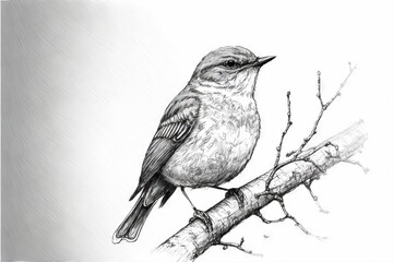  a bird sitting on a branch of a tree in a pencil drawing style, on a white background, with a gray background, with a black outline of a white border, and gray background. - obrazy, fototapety, plakaty