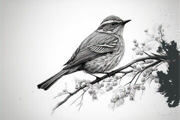  a bird sitting on a branch with flowers on it's side and a white background behind it, with a black and white drawing of a bird on the branch with white background,.