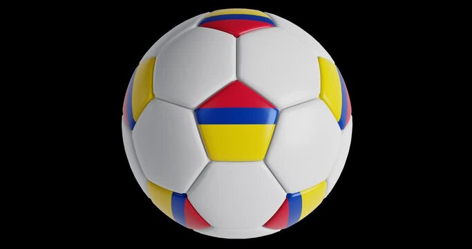 Soccer ball with flag of Colombia , black background loop alpha Trasparent 3D