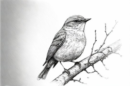  a bird sitting on a branch of a tree in a pencil drawing style, on a white background, with a gray background, with a black outline of a white border, and gray background.