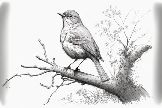  a bird sitting on a branch of a tree in a drawing style, with a white background and a gray background, with a black and white border, with a gray background, and.