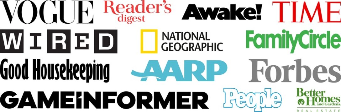 Logo of the most famous magazines. Vogue, People, Game Informer, Forbes, Time, etc. PNG image