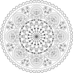 Mandala vector black on white for coloring, round ornament decoration. Stylized floral motif, vintage decorative elements. Aboriginal folk art, ethnic mandala, oriental pattern, design illustration