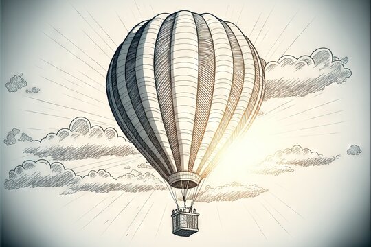  a hot air balloon flying through the sky with clouds in the background and sunbeams in the sky above it, with a drawing of a hot air balloon in the sky with clouds.