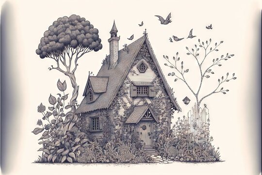  a drawing of a house with a tree and birds flying around it and a bird flying over it and a bird flying over the house and a tree with a bird flying above it,.
