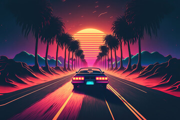 Fototapeta na wymiar a car driving down a road surrounded by palm trees, retrofuturism, retrowave, synthwave, art 