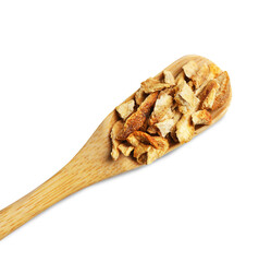 Scoop with dried orange zest seasoning isolated on white, top view. Space for text