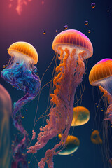 Fototapeta premium multiple jellyfish in ocean, ocean animals, art illustration 