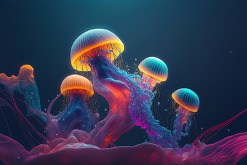 Fototapeta multiple jellyfish in ocean, ocean animals, art illustration  obraz