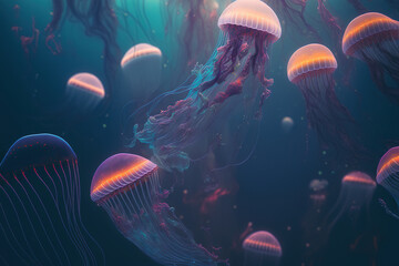 Fototapeta na wymiar multiple jellyfish in ocean, ocean animals, art illustration 