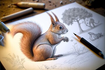 a drawing of a squirrel on a paper with a pencil and crayons nearby on a table with a drawing of a squirrel and a tree, with a pencil and a squirrel on the. © Anna