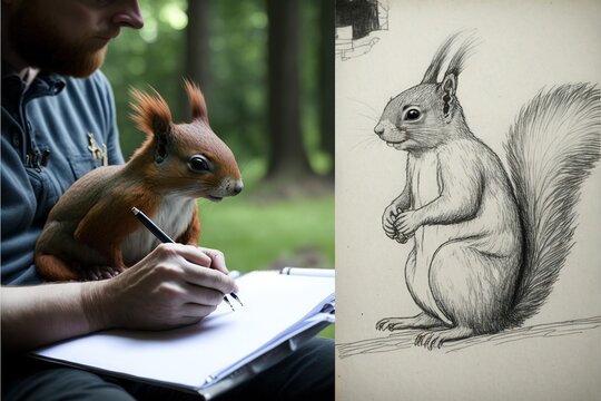  a man is holding a squirrel and a drawing of a squirrel on a notebook and a pencil drawing of a squirrel on a paper and a man is holding a pen and a squirrel in.