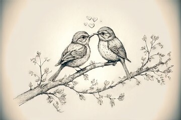  two birds sitting on a branch with leaves and hearts in the background, one of them kissing the other on the branch, while the other is in the background of the drawing, the.