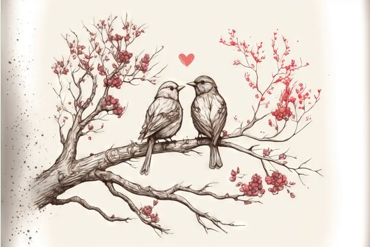  two birds sitting on a branch with a heart in the background of the picture and a tree with red flowers in the foreground, and a heart in the background, with a red.