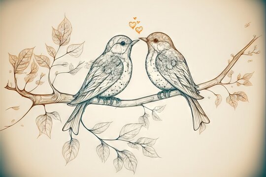  two birds sitting on a branch with leaves and a heart in the background with a sepia tone effect to the image and the background is a sepia tone added with a sepia.