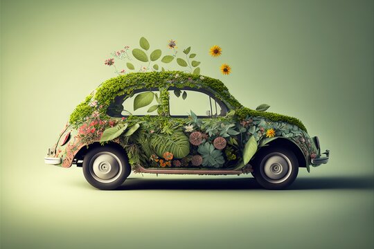  a car with a plant growing on the side of it's roof and door window, is shown in a green background with flowers and leaves and grass growing on the roof of the side.