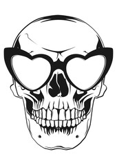 Front view of a human skull with vintage heart-shaped glasses on.  Vector.