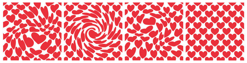 Vector Seamless Pattern with Red Dynamic Hearts. Abstract Psychedelic Texture. Creative Love Background for Valentine's Day, Wedding, Packaging Design and Advertisement