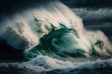  a large wave is crashing into the ocean with a sky background and a large wave is crashing into the ocean with a large wave in the middle of the ocean, and a smaller wave.