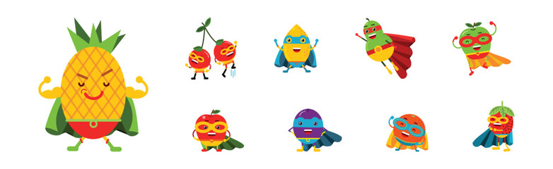Funny Juicy Fruits in Superhero Cloak and Cape Vector Set